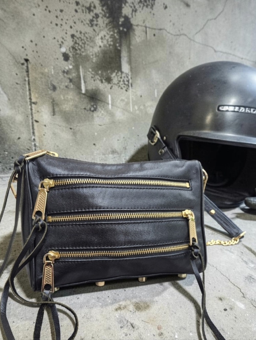 Rebecca Minkoff Black Leather Studded Crossbody Bag with Gold Zippers